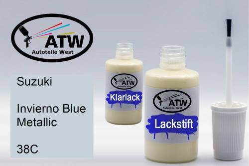 Suzuki, Invierno Blue Metallic, 38C: 20ml Lackstift + 20ml Klarlack - Set, von ATW Autoteile West.